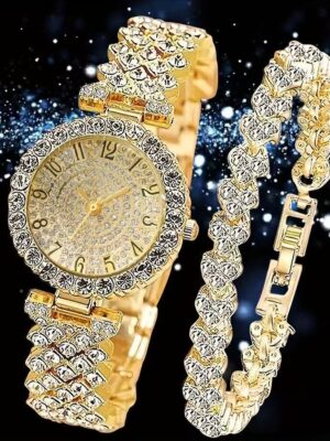 Women quartz watch set with full‑rhinestone watch and bracelet