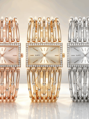 Rectangle Hollow Steel Band Diamond Ladies Watch