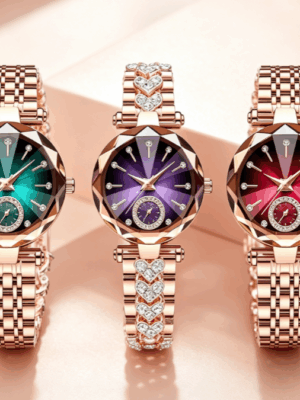 Women quartz watch & bracelet 2‑piece set with faceted dial