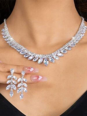Silver Zircon Leaf Necklace and Earrings Set