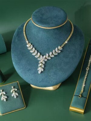 Gold Zircon Leaf Jewelry Set (4pcs)