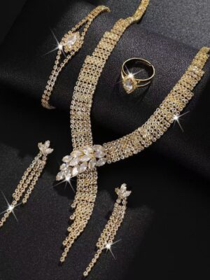 Silver Zircon Leaf Jewelry Set (4pcs)