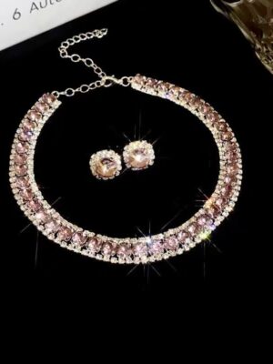 Pink Diamond Inlaid Necklace and Earrings Set