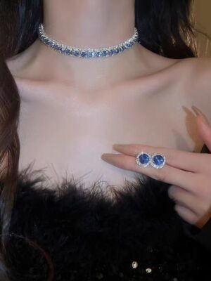 Sapphire Rhinestone Necklace And Earrings Set