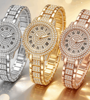 Gold Full‑Diamond Roman Numeral Steel Band Women Watch