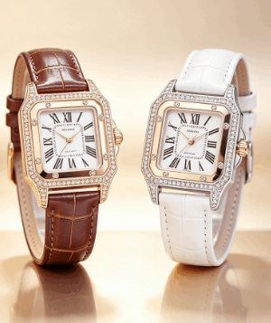 Square Diamond‑Set Leather Strap Women Wrist Watch